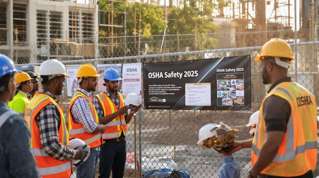 Foreman explains OSHA 2025 safety helmet rules to team onsite
